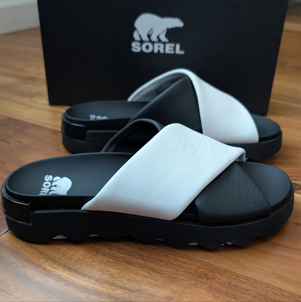 Sorel Black and White Cross-Band Slide Sandals